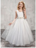 Beaded Ivory Lace Tulle Flower Girl Dress With Handmade Flower Sash